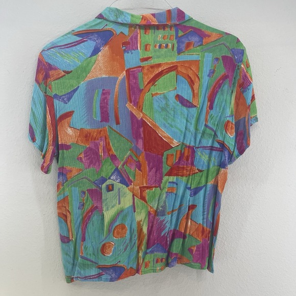 Vtg Crinkle Top 80s 90s Y2K Neon Colorblock Geo Women's XL Beach Babe Key Lime - Picture 8 of 11